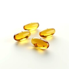 Fish oil capsules, omega-3, isolated on a white background - symbolizing health, wellness, and nutritional supplements in a clean, simple presentation.
