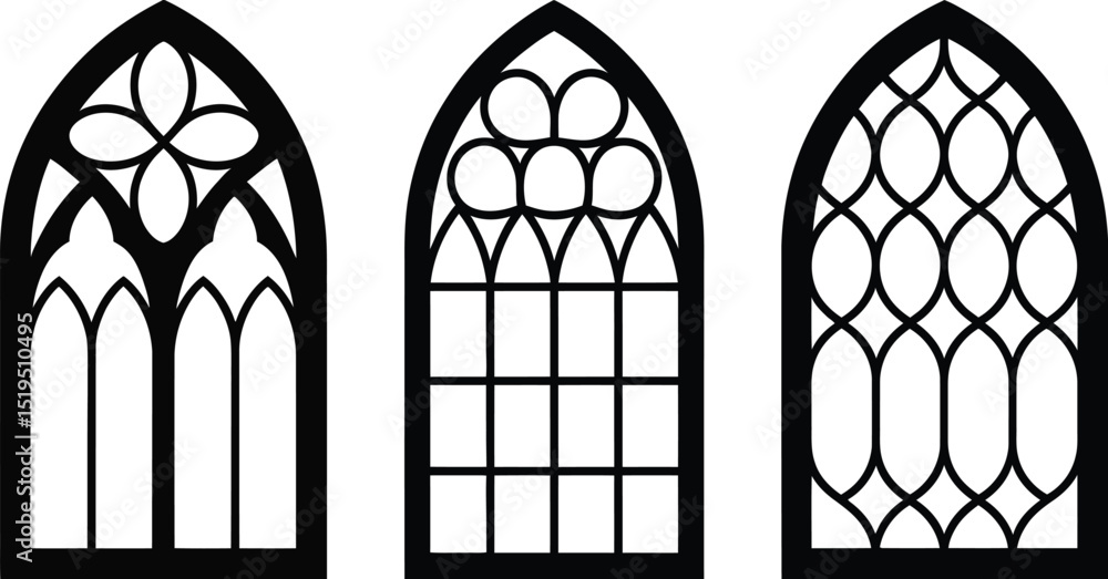 Poster three gothic style arched windows with different patterns in black and white illustration design