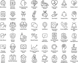 Mental Health Vector Icon Set, Outline Style, Isolated on White Background.