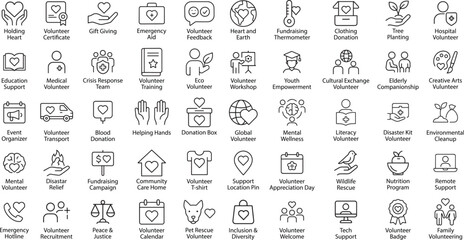 Volunteer Work Line Icons, Vector Illustration.