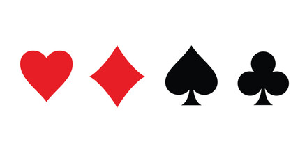 Card of play poker. Casino icon. suit, spade, diamond and heart. Symbols of game club. Set of gambling shapes isolated on white background. Design of signs. Vector.