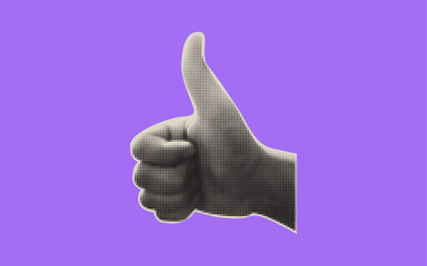 A halftone textured Thumbs up hand sign. Pop art Approve collage sticker, icon. Dott effect gesture. Retro black and white symbol for Positive feedback.