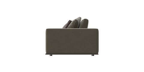 dark olive sectional lounge with pillows side view isolated.