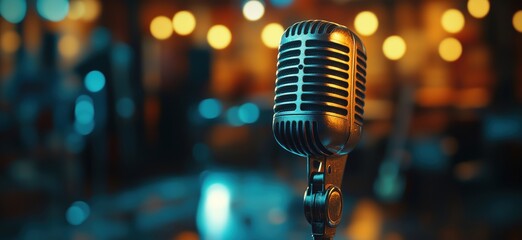 Vintage microphone with bokeh background in music venue setting