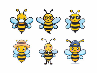 Cute cartoon bee character in various costumes vector illustration – kawaii style insect mascot for kids, nursery, or seasonal designs