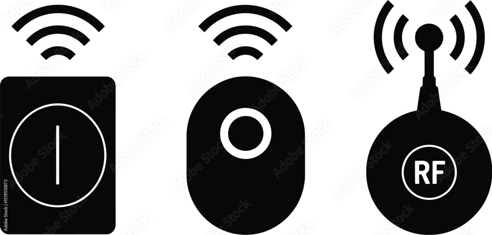 Poster three black wireless remote icons with different shapes on a white background in a vector format