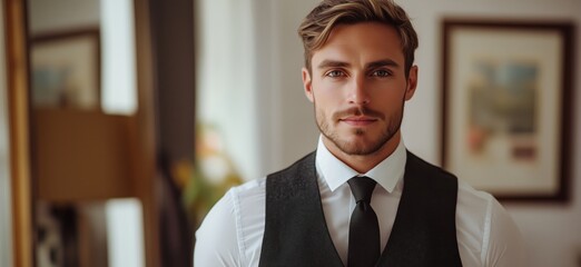 Stylish young man in formal attire with vest and tie posing indoors