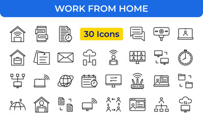 Work From Home and Remote Office Line Icons Set - Telework, Online Meeting, and Flexible Work Environment Vector