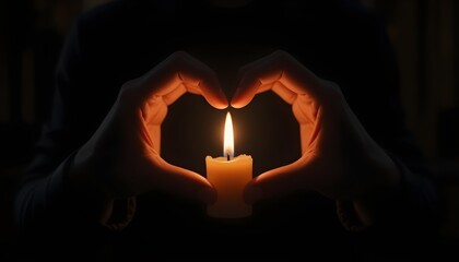 Hands form heart shape around glowing candle flame, embracing love and warm serenity in the dark