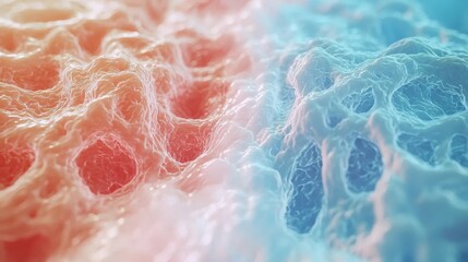 Abstract fluid textures in blue and red hues with intricate patterns.