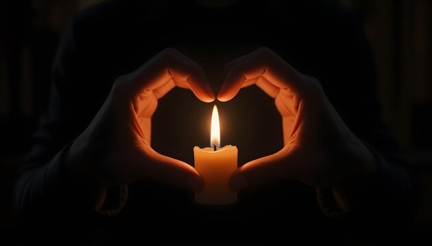 Hands form heart shape around glowing candle flame, embracing love and warm serenity in the dark