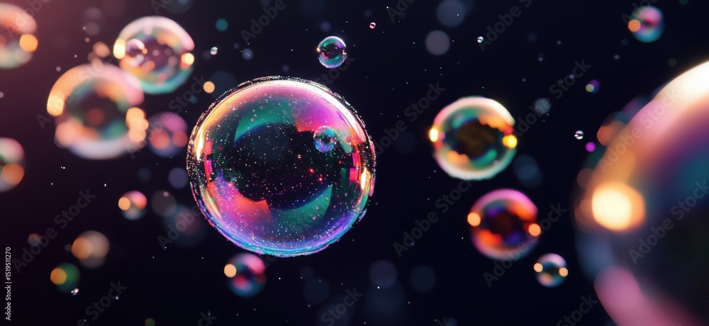 Poster colorful soap bubbles floating in dark space with sparkling reflections and highlights