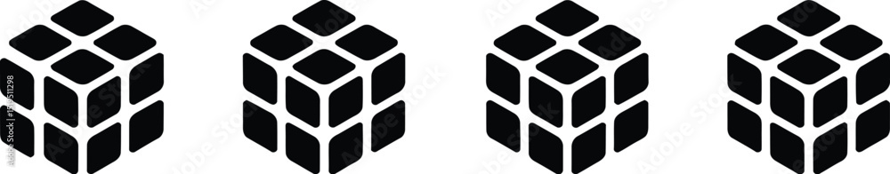 Poster four isometric cube icons with labels full light light and mining in black on a white background