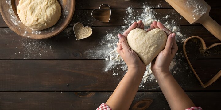 Bakery food photography background - Close up of woman's hands holding a heart shaped dough on wooden dark table