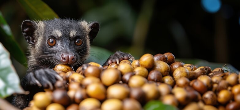 Cute olingo peeking over a pile of tropical fruits in lush rainforest setting