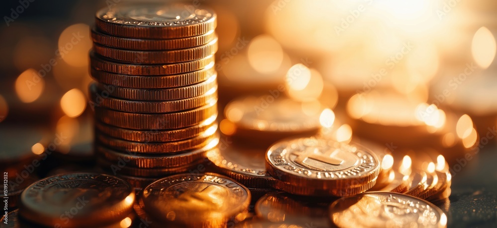 Poster stacks of shiny coins with warm bokeh background creating a rich financial atmosphere