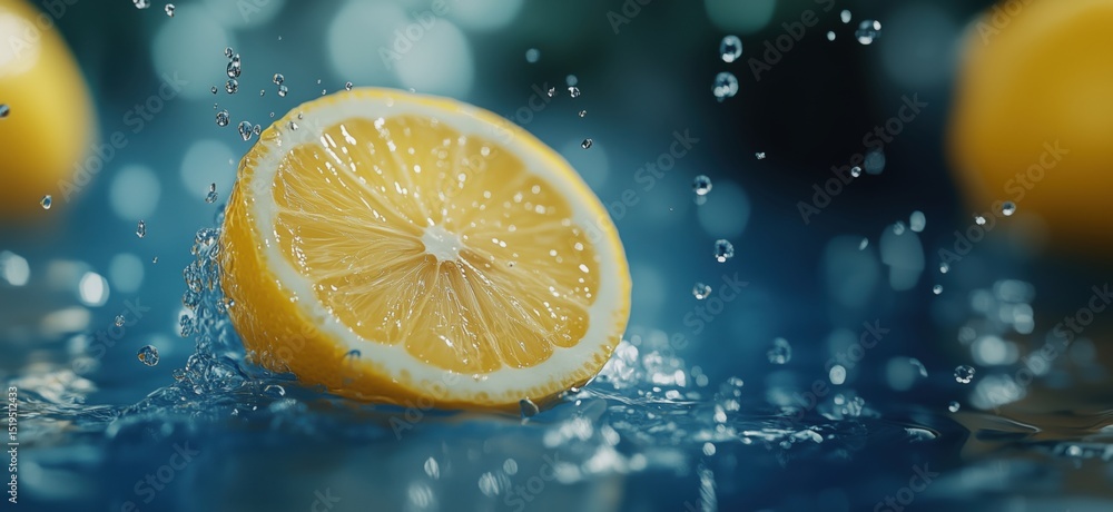 Poster fresh lemon slice splashing in water with droplets and blurred background