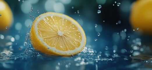 Fresh lemon slice splashing in water with droplets and blurred background