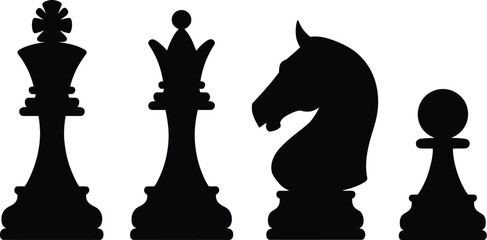 A black and white image showing a king a queen a knight and a pawn chess pieces in a line up view