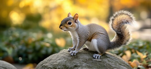Adorable gray squirrel perched on rock in vibrant autumn park setting