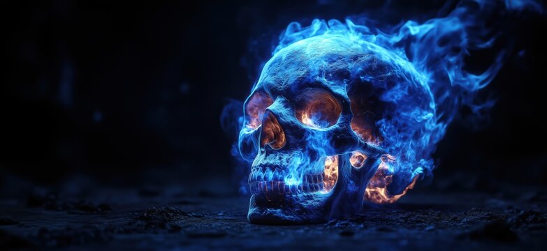 Glowing blue skull with flames creating a mystical and eerie atmosphere - Powered by Adobe