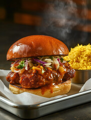 Steaming hot crispy chicken burger with coleslaw and turmeric rice