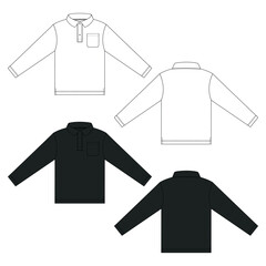 Long sleeve polo shirt technical drawing fashion flat sketch vector illustration white and black color template front and back views