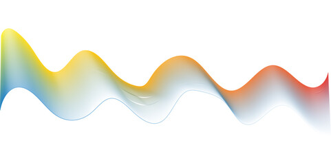Generate an abstract image of a flowing, multi-colored ribbon or wave on a clean white background. starting with blue on the left, moving through yellow and orange, and ending in red on the right.