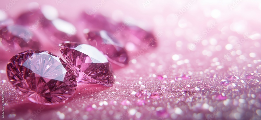 Poster pink diamonds sparkling on glittery surface with soft bokeh background