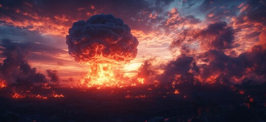 Nuclear explosion at sunset creating dramatic fiery mushroom cloud and apocalyptic landscape