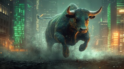 Bull stock market. Green data background