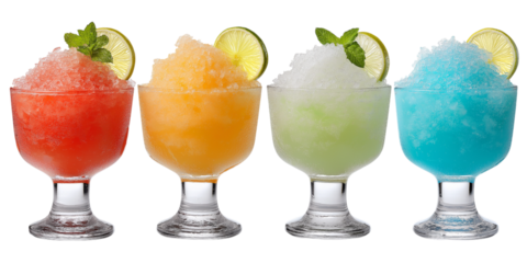 colorful slushy drinks with lime and mint garnish isolated on white background