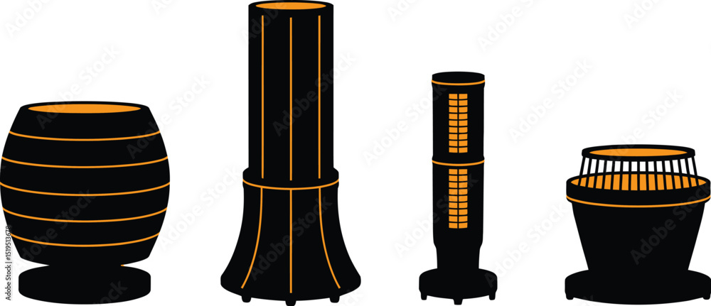 Poster a collection of four black and orange stylized objects against a white background in a row format