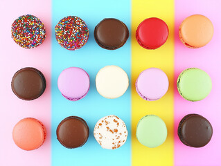 Fototapeta premium Colorful macarons forming a delicious pattern on a vibrant background