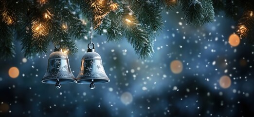 Snowy Christmas bells hanging from pine branches with festive lights and snowfall