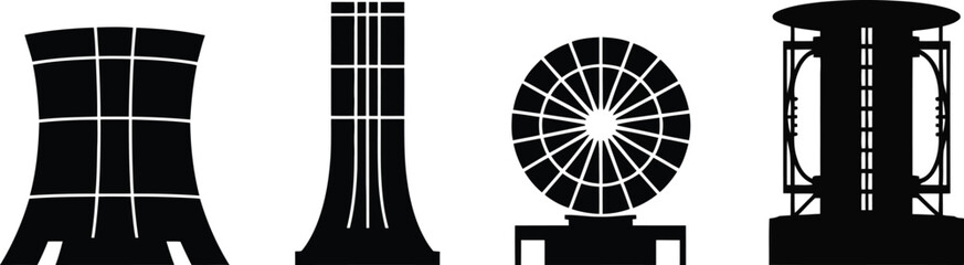 Obraz premium Four industrial structures in black silhouette against a white background in a horizontal arrangement