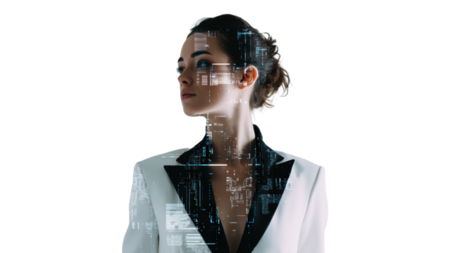 Professional woman in a suit, wearing digital overlays, symbolizes innovation and technology in the business world.