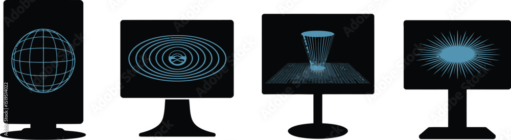 Poster four computer screens displaying different abstract designs in blue and white on a black background