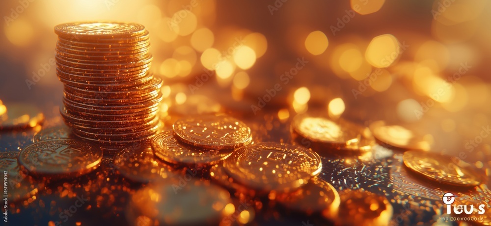 Aufkleber stacks of shiny gold coins with sparkling bokeh background for financial themes