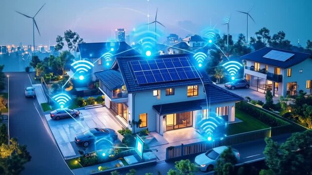 Smart home network connecting houses with renewable energy and modern technology - Powered by Adobe