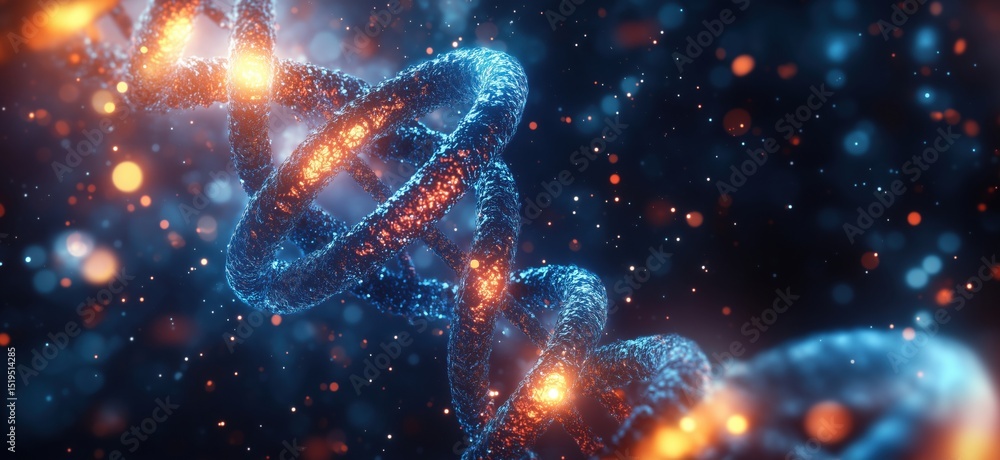 Poster 3d rendering of glowing dna double helix structure with vibrant particles and lights