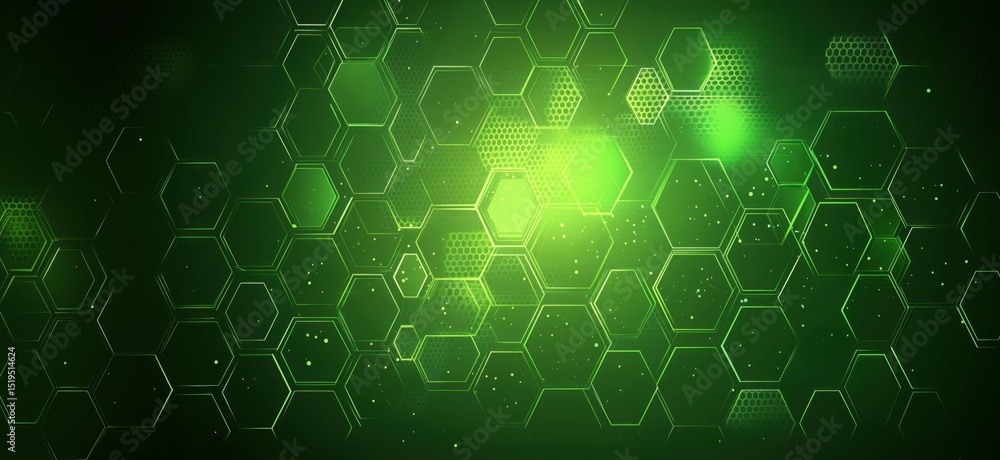 Poster green hexagonal pattern background with glowing effects and modern design elements