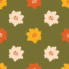 Hand drawn Retro Flowers Seamless Pattern. Cute Summer Floral Endless Background with simple blossoms. Minimal blooming design. Repeat vector illustration