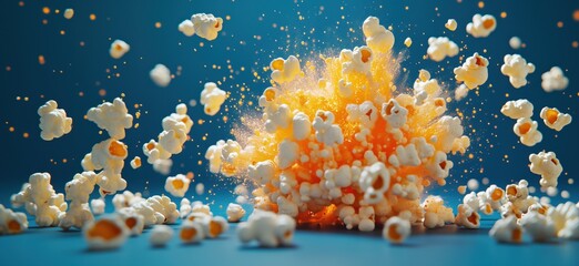 Explosive Popcorn Burst Creating Colorful Splash Against Blue Background