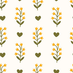 Hand Drawn Bellflower Seamless Pattern. Simple Yellow Wildflower with leaves and small green heart shapes. Cute Minimalist Floral Background. Repeat vector illustration