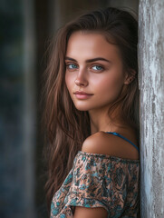 Fototapeta premium Teenager girl leaning against a wall, posing and looking at camera