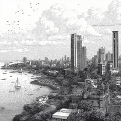 Hand-drawn Mumbai skyline with skyscrapers and historic buildings.