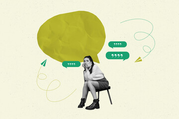 Poster trend collage of person sit near speech bubble on yellow background