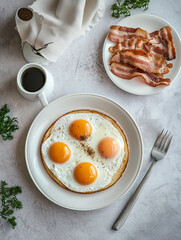 Delicious sunny side up eggs with crispy bacon and coffee for breakfast