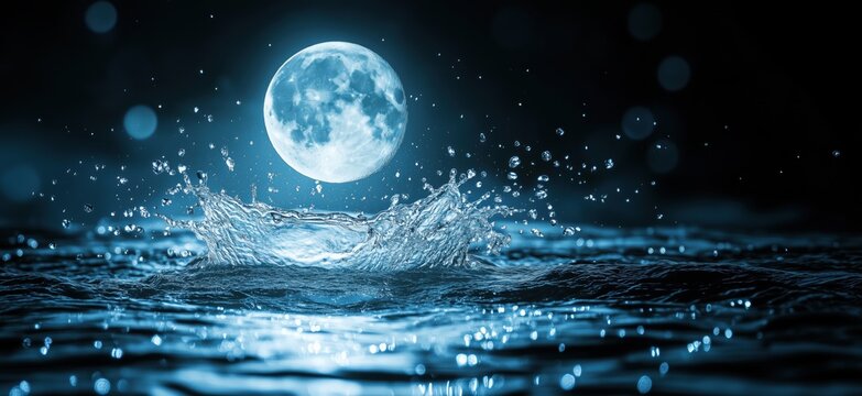 Moonlit water splash with full moon reflecting on tranquil surface at night - Powered by Adobe